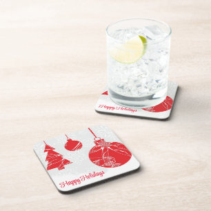 Posavasos Fondo blanco con copos de nieve y bolas rojas