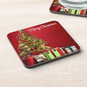 Posavasos Fondo Rojo Con Árbol Decorativo De Navidad