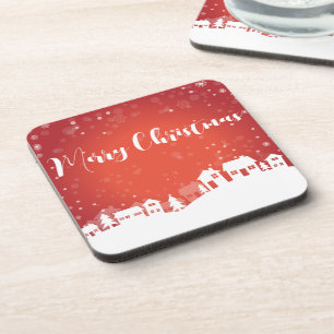 Posavasos Fondo rojo con copos de nieve y casas