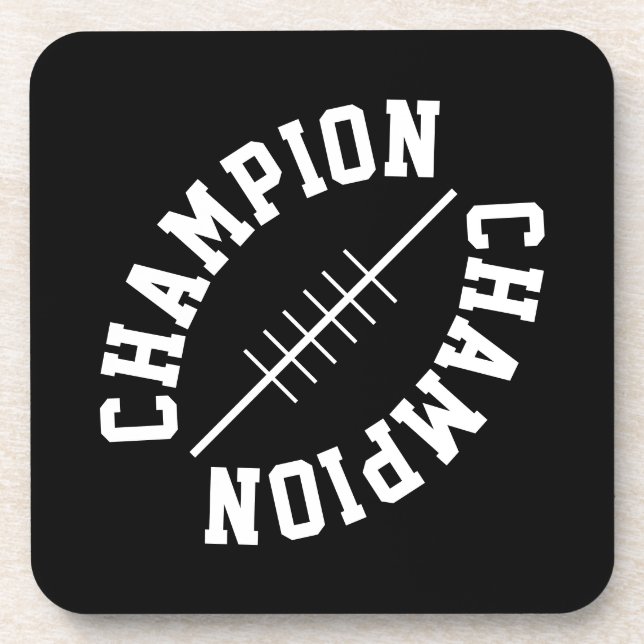 Posavasos Forma de fútbol inclinado blanco con texto CHAMPIO (Frente)