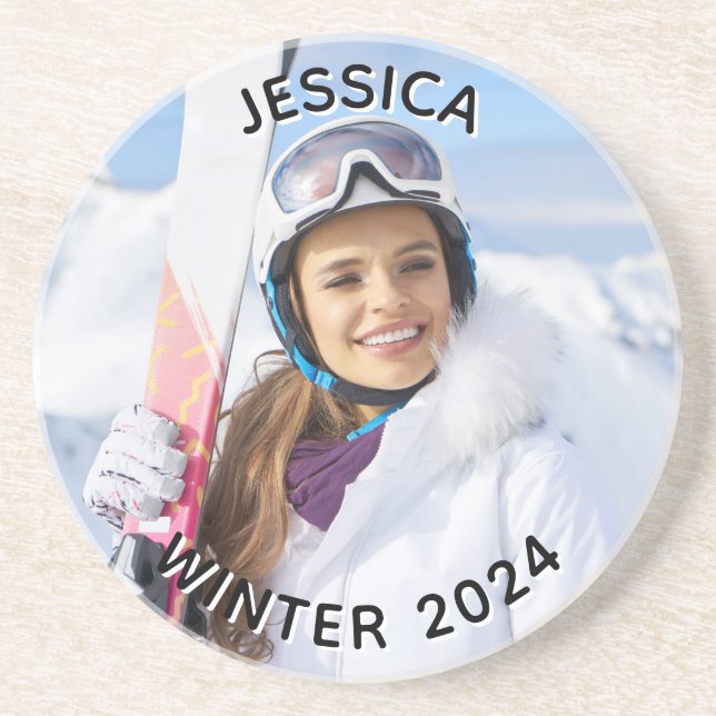 Posavasos Foto de la familia de texto curvo en blanco y negr (Frente)