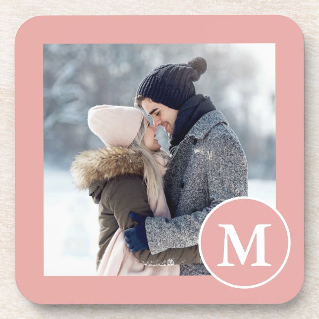 Posavasos Foto de monograma rosa y blanco de moda (Frente)