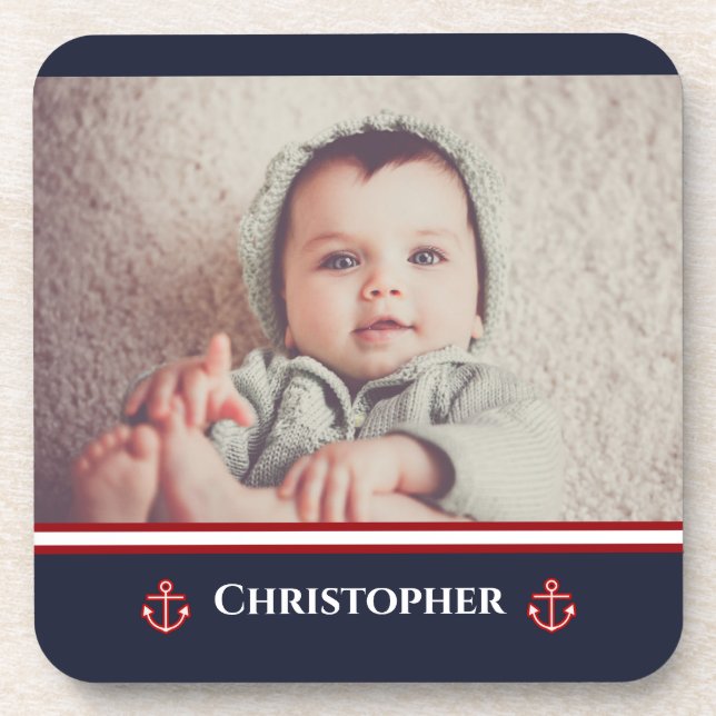 Posavasos Foto personalizado Nautical Marine Navy Blanco Roj (Frente)