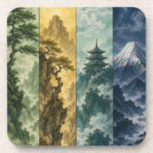 Posavasos Four Seasons Mountain Paisaje de Tinta Japonesa