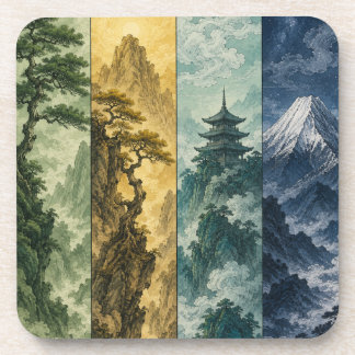 Posavasos Four Seasons Mountain | Paisaje de Tinta Japonesa