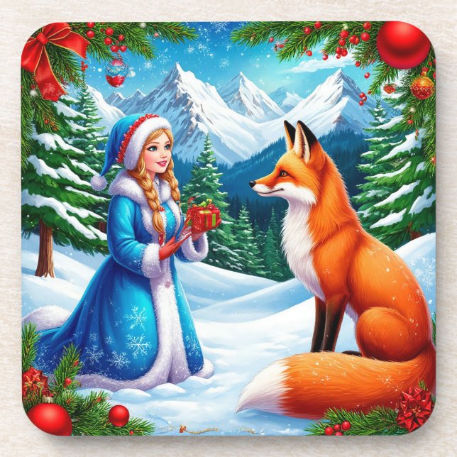 Posavasos Fox y Snow Maiden en la escena invernal de Woodlan (Frente)