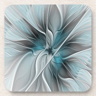 Posavasos Fractal floral moderno abstracto flor azul gris
