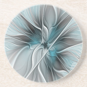 Posavasos Fractal floral moderno abstracto flor azul gris
