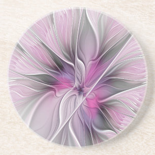 Posavasos Fractal floral moderno abstracto flor rosa gris