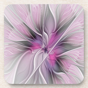 Posavasos Fractal Floral Moderno Abstracto Flor Rosa Gris