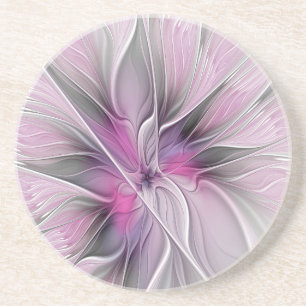Posavasos Fractal floral moderno abstracto flor rosa gris