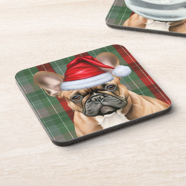 Posavasos French Bulldog with Red and Green Holiday Plaid (Lado Izquierdo)