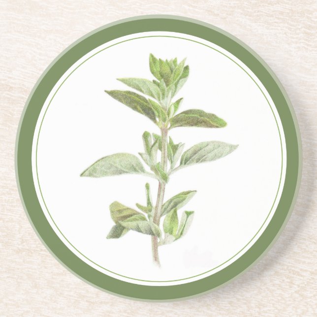 Posavasos FRESH OREGANO Round Sandstone Coaster -texto Verde (Frente)