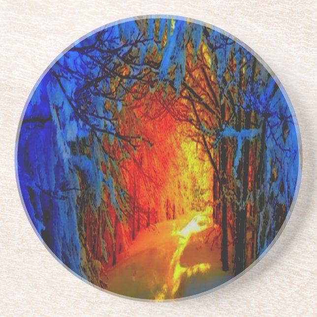 Posavasos Fuego y hielo Hermoso Azul Artístico, Naranja, Roj (Frente)