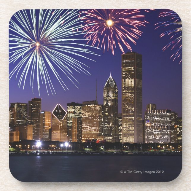 Posavasos Fuegos artificiales sobre el horizonte de Chicago (Frente)