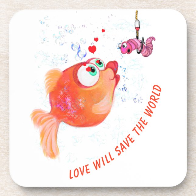 Posavasos Funny Fish and Worm Love Romantic Personalizado Co (Frente)