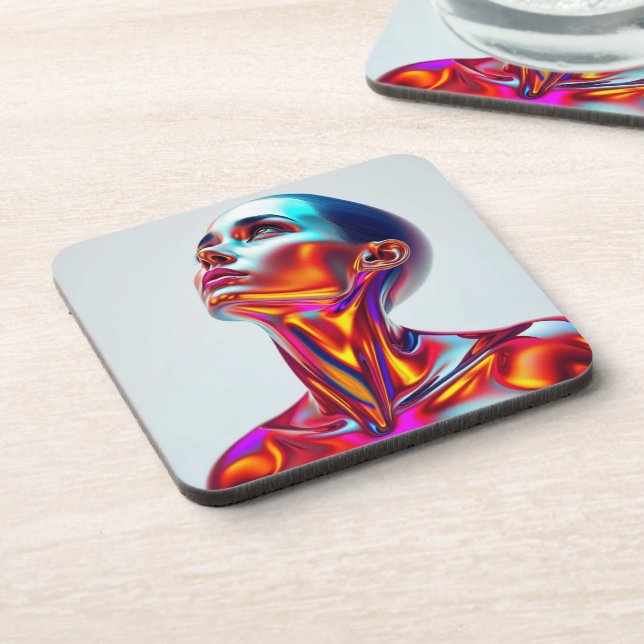 Posavasos Futuristic woman portrait, sci-fi aesthetics, neon (Lado Izquierdo)