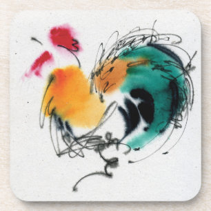 Posavasos Gallo colorido. Caligrafía y watercolor.