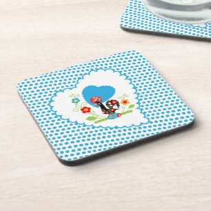 Posavasos Gallo portugués con puntos de polka azul
