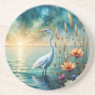 Posavasos Garceta blanca y flores en el agua