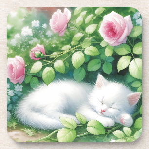 Posavasos Gatito blanco dulce tocando debajo de un Bush Rosa