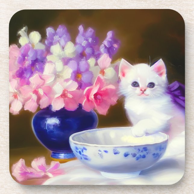 Posavasos Gatito blanco vintage con cinta morada (Frente)