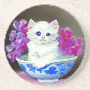 Posavasos Gatito blanco vintage con flores rosas