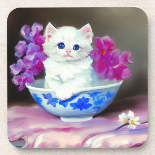 Posavasos Gatito blanco vintage con flores rosas