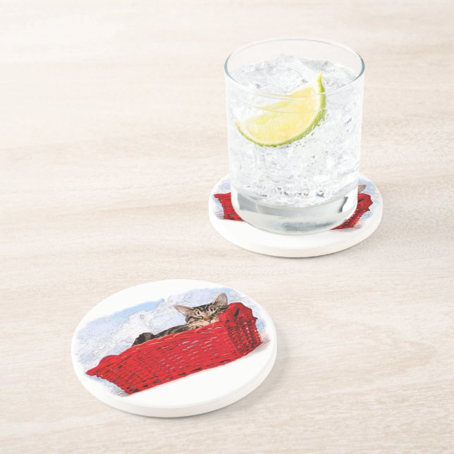 Posavasos Gatito Durmiente En Brillante Cesta Roja (Lado)