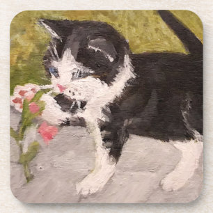 Posavasos Gatito jugando con flor rosa