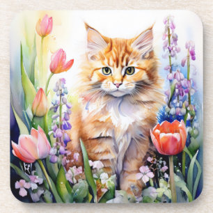 Posavasos Gatito Naranja Acuarela en Jardín de Flores