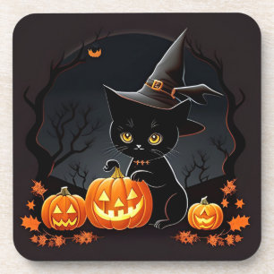Posavasos Gatito negro con sombrero de bruja entre calabazas