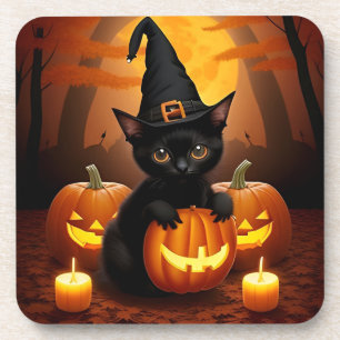 Posavasos Gatito negro con sombrero de bruja entre calabazas