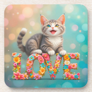 Posavasos Gatito sentado sobre letras de AMOR floreadas colo