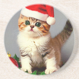 Posavasos Gatito vintage de Navidad en Santa Hat