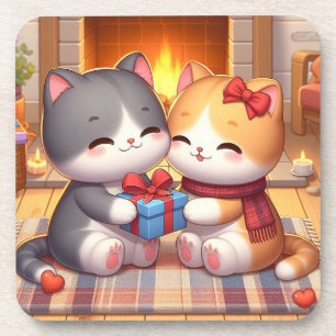 Posavasos Gatitos Enamorados Por La Chimenea Bebiendo Pascua