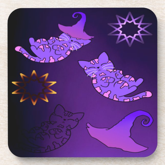 Posavasos Gatitos morados con Gorras de brujas y estrellas (Frente)