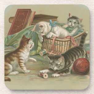 Posavasos Gatitos Victorianos Antiguos Jugando en una Cesta