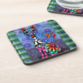 Posavasos Gato abstracto caprichoso y funky de ojos grandes