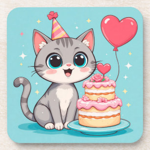 Posavasos Gato Adorable Celebrando Cumpleaños con Tarta