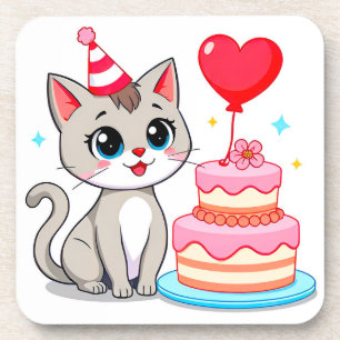 Posavasos Gato Adorable Celebrando un Cumpleaños con un Past