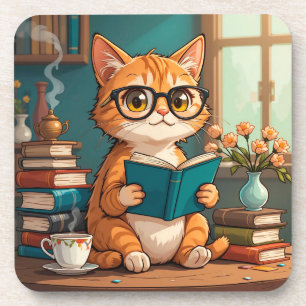 Posavasos Gato Adorable con gafas leyendo un libro