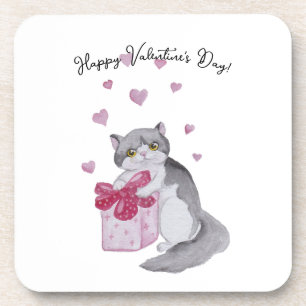 Posavasos Gato adorable de acuarela para el día de San Valen