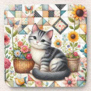 Posavasos Gato Adorable en Colcha Floral Cottagecore