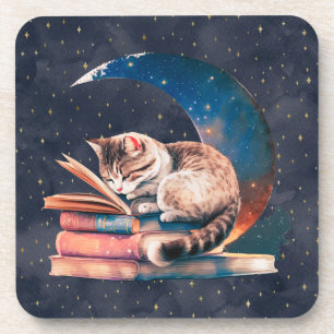 Posavasos Gato adorable en la luna leyendo un libro