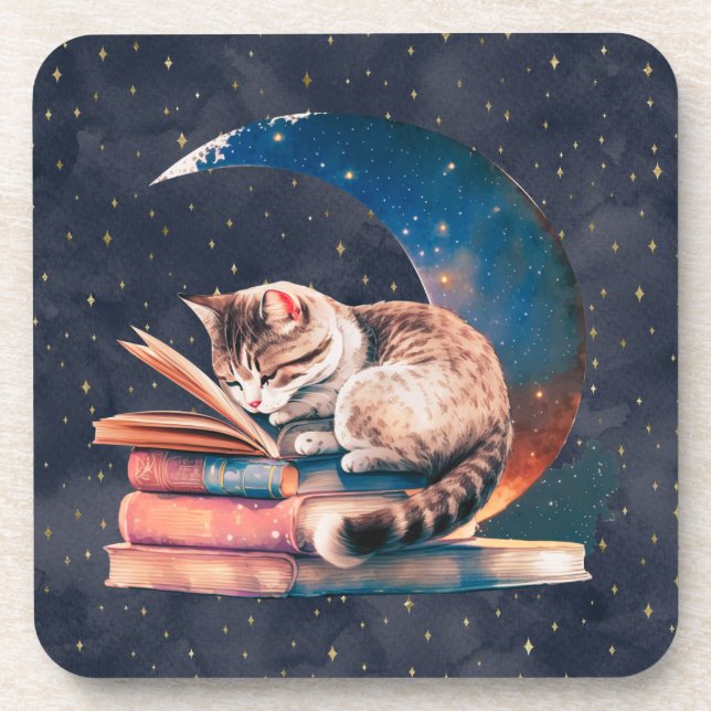 Posavasos Gato adorable en la luna leyendo un libro (Frente)