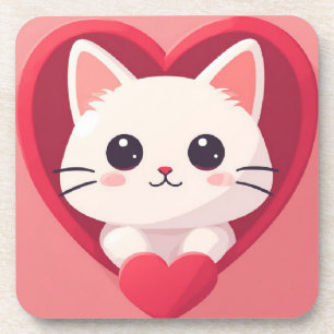 Posavasos Gato Blanco Adorable con Corazón Diseño de Amor Ga