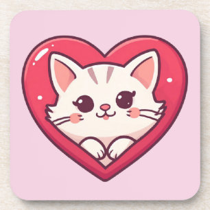 Posavasos Gato Blanco Adorable con Corazón Diseño de Amor Ga
