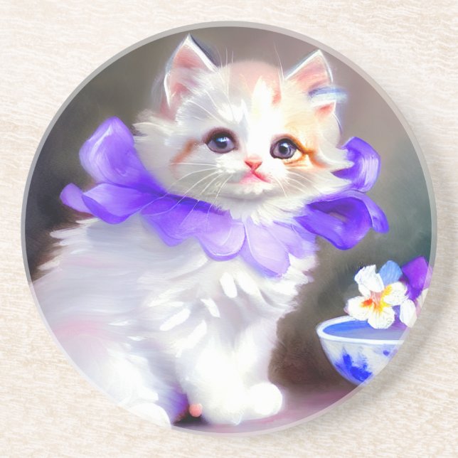 Posavasos Gato blanco con pintura de cuello de flores morada (Frente)