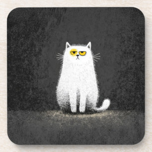 Posavasos Gato Blanco Gruñón – Divertido Arte Minimalista de